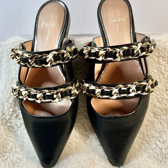 Linea Paolo Aurel Mules | Black Pointed Toe Flats w/ Double Chain | Size 8.5 - Picture 1 of 16